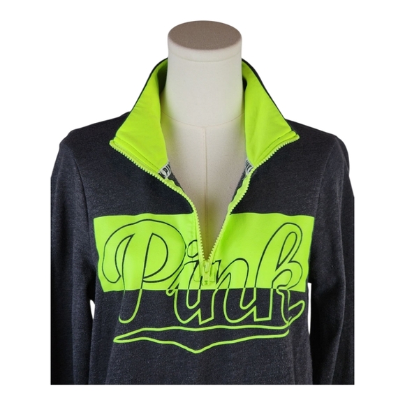 PINK Neon Green Logo Quarter Zip Pullover XS Gray Fleece Sweatshirt Top - Picture 3 of 8